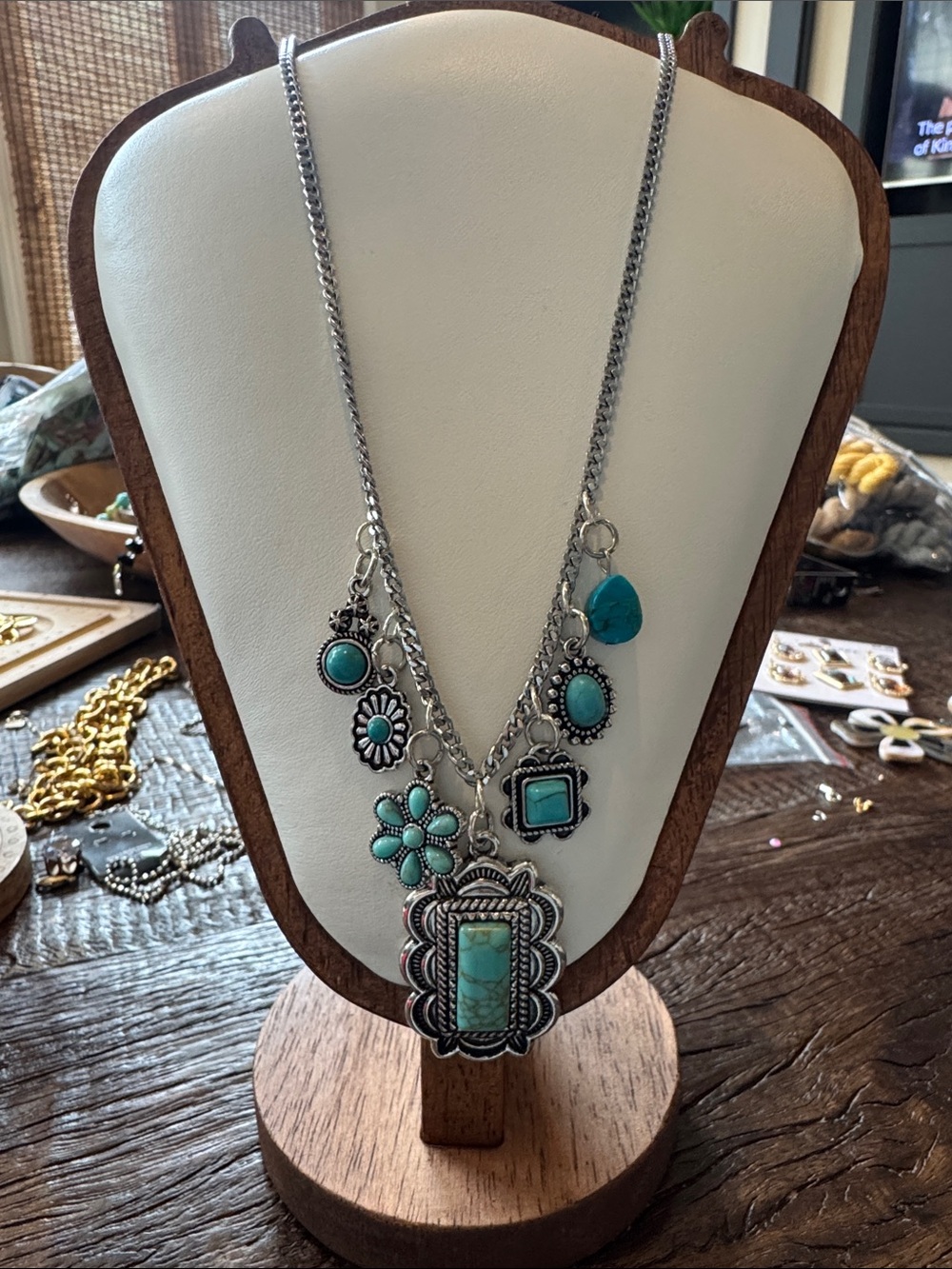 Turquoise Charm Pendant Necklace - Silver Tone Women’s Jewelry - Picture 3 of 10